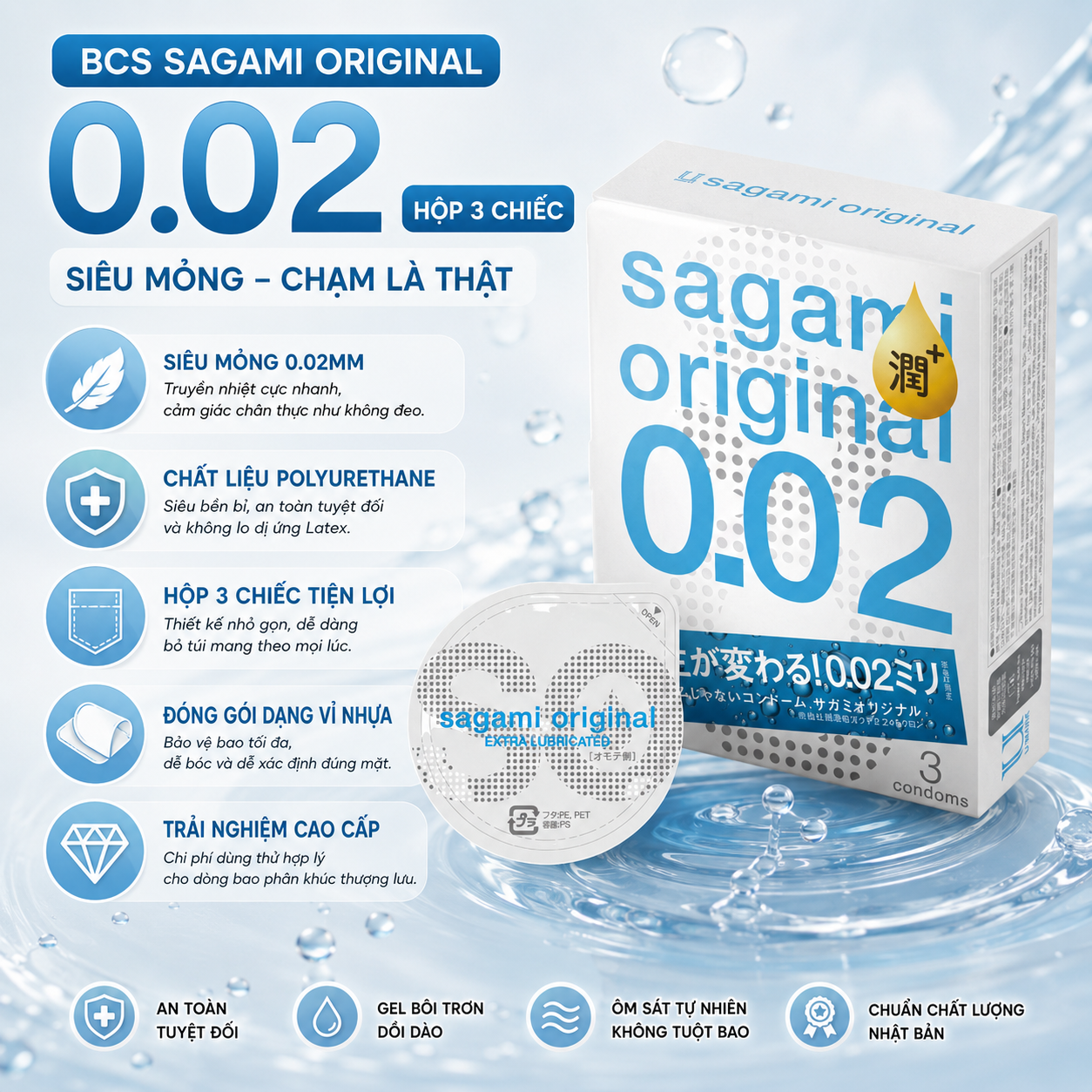 Bao cao su Sagami Original 0.02mm - hộp 3 chiếc