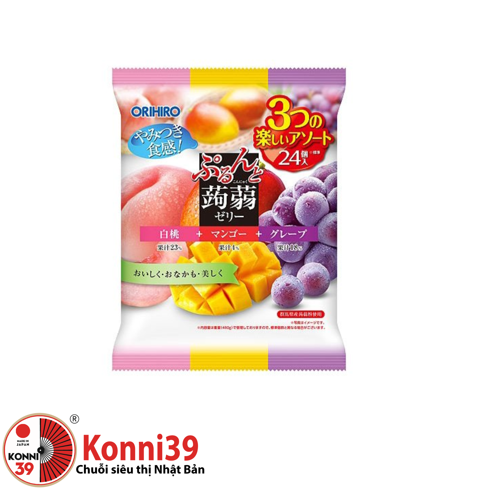 Thạch Orihiro mix 3 vị hoa quả 24 chiếc x 18 g - vị nho đen, đào và xoài