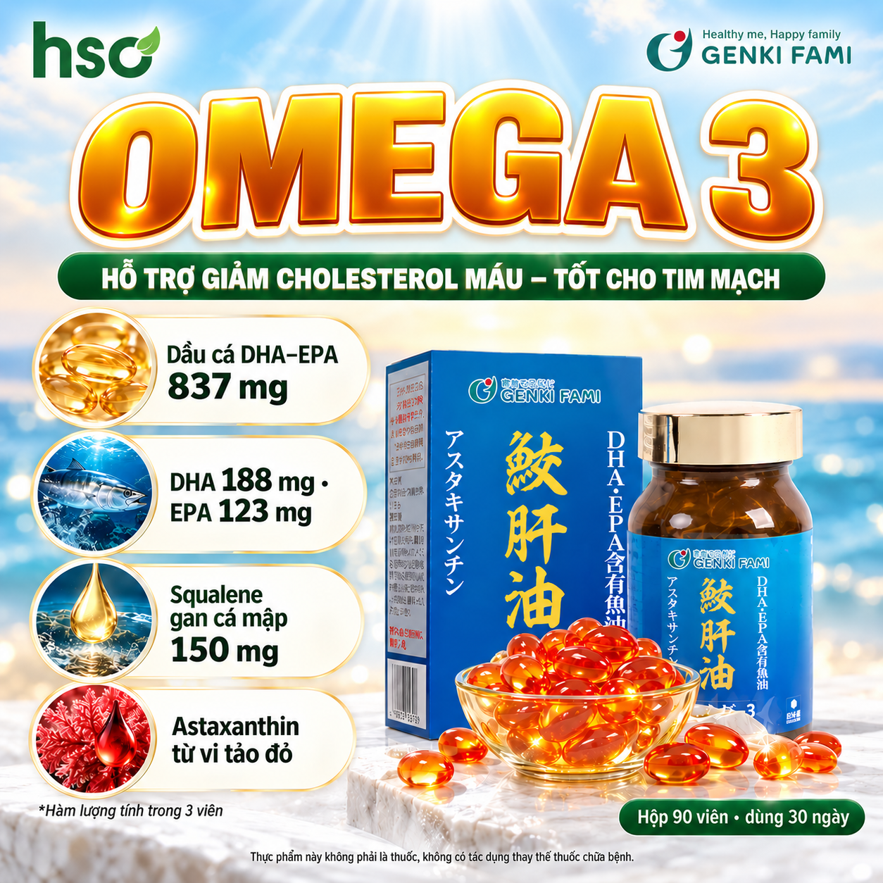 Viên uống Omega 3 Genkifami chiết xuất dầu ganh cá hộp 90 viên