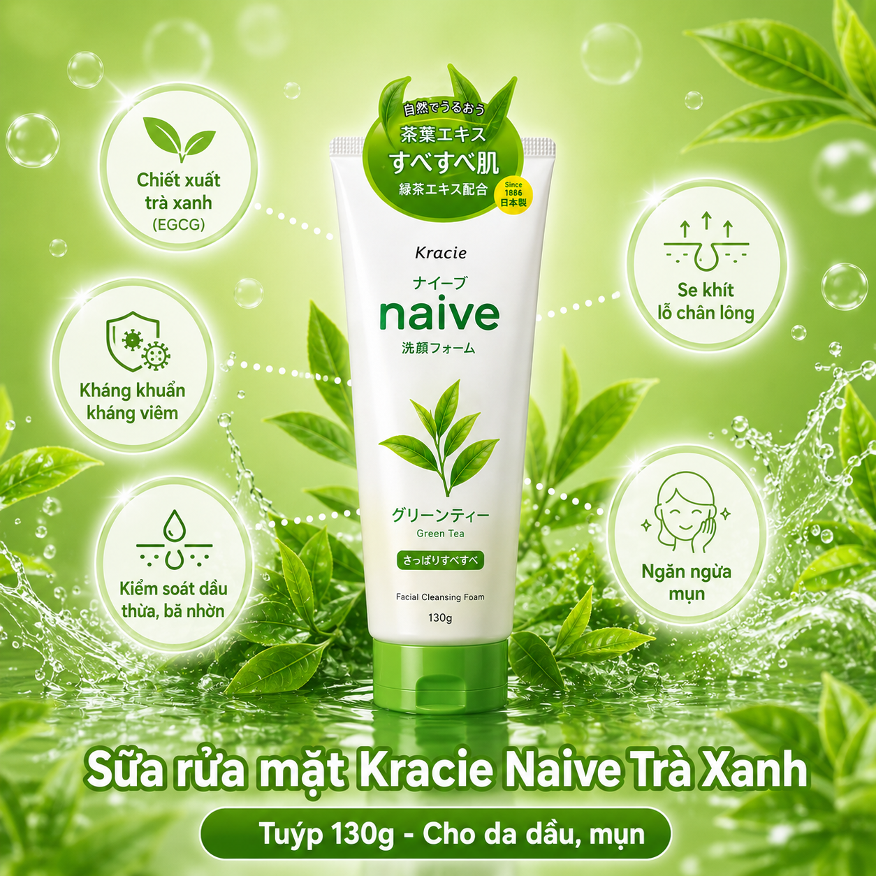 Sữa rửa mặt NAIVE fresh130gr - Hương trà xanh