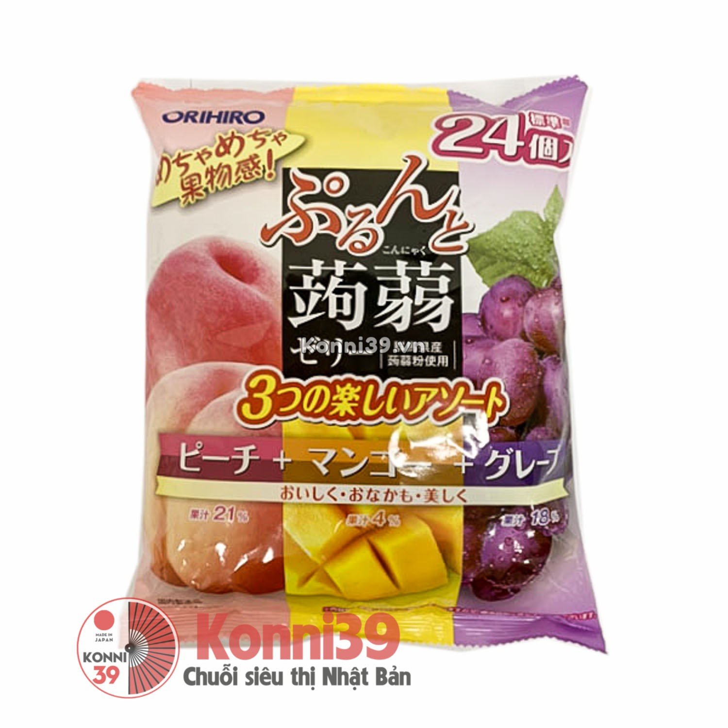 Thạch Orihiro mix 3 vị hoa quả 24 chiếc x 18 g - vị nho đen, đào và xoài