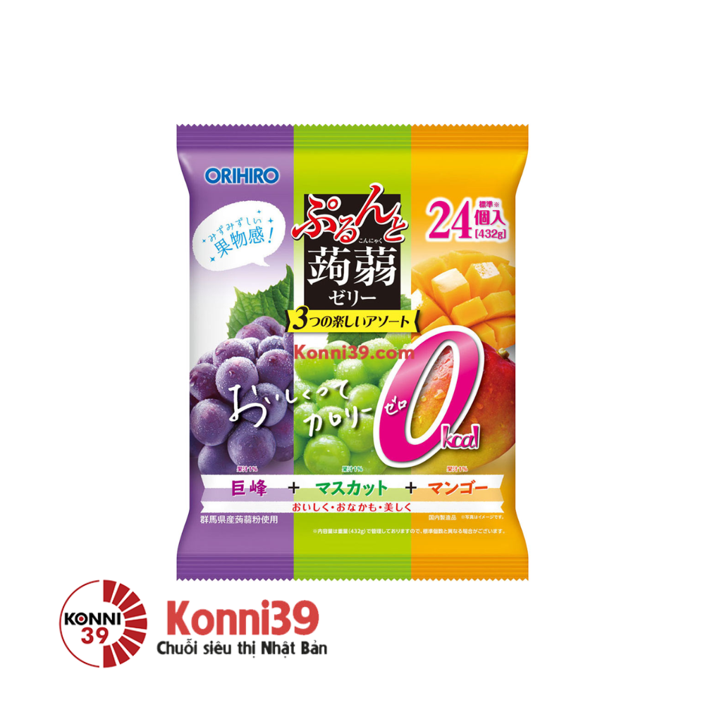 Thạch Orihiro mix 3 vị hoa quả 24 chiếc x 18 g - vị nho đen, nho xanh và xoài